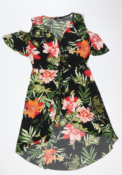 Very Womens Multicoloured Floral Polyester Wrap Dress Size 12 V-Neck Tie - Cold Shoulder