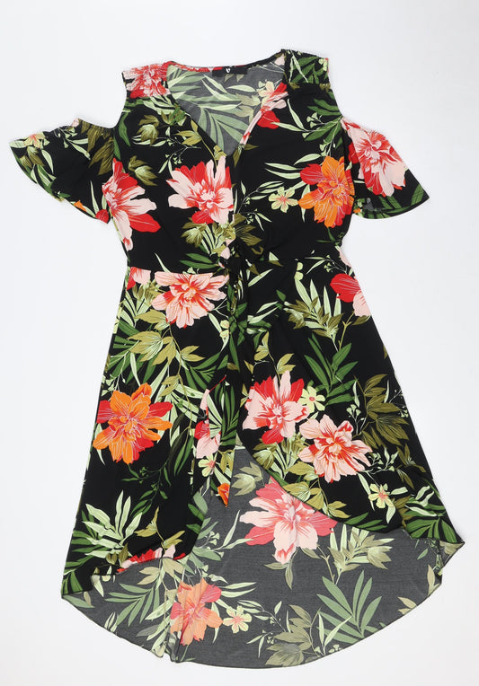 Very Womens Multicoloured Floral Polyester Wrap Dress Size 12 V-Neck Tie - Cold Shoulder