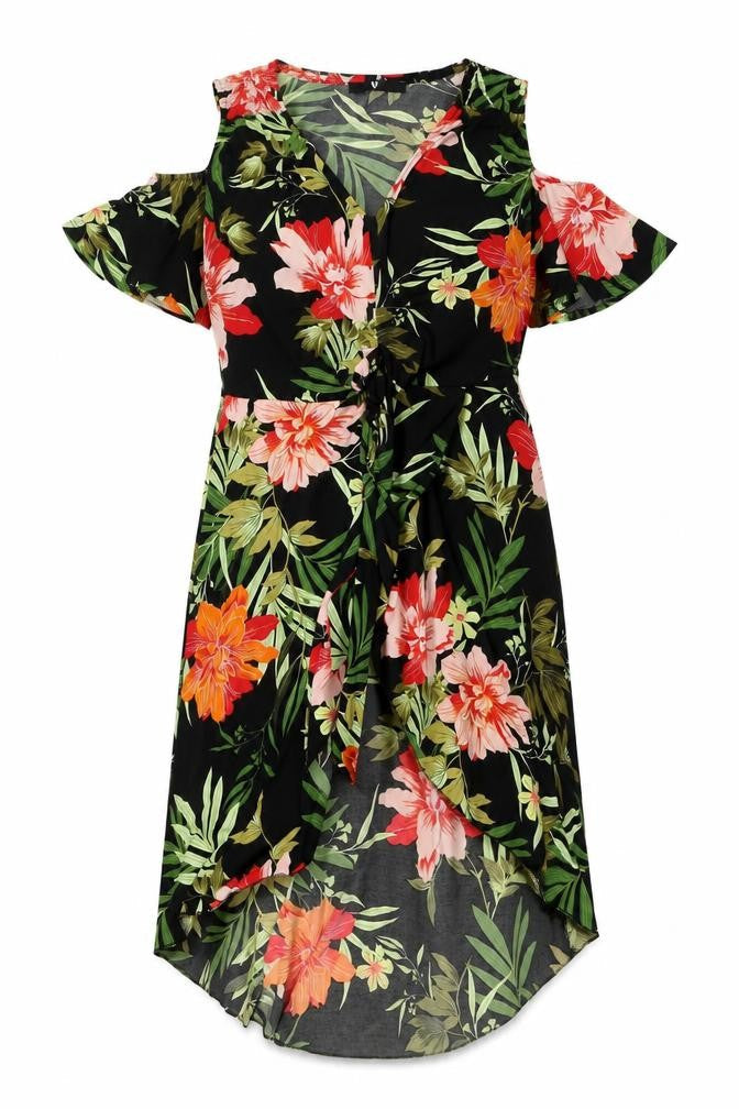 Very Womens Multicoloured Floral Polyester Wrap Dress Size 12 V-Neck Tie - Cold Shoulder