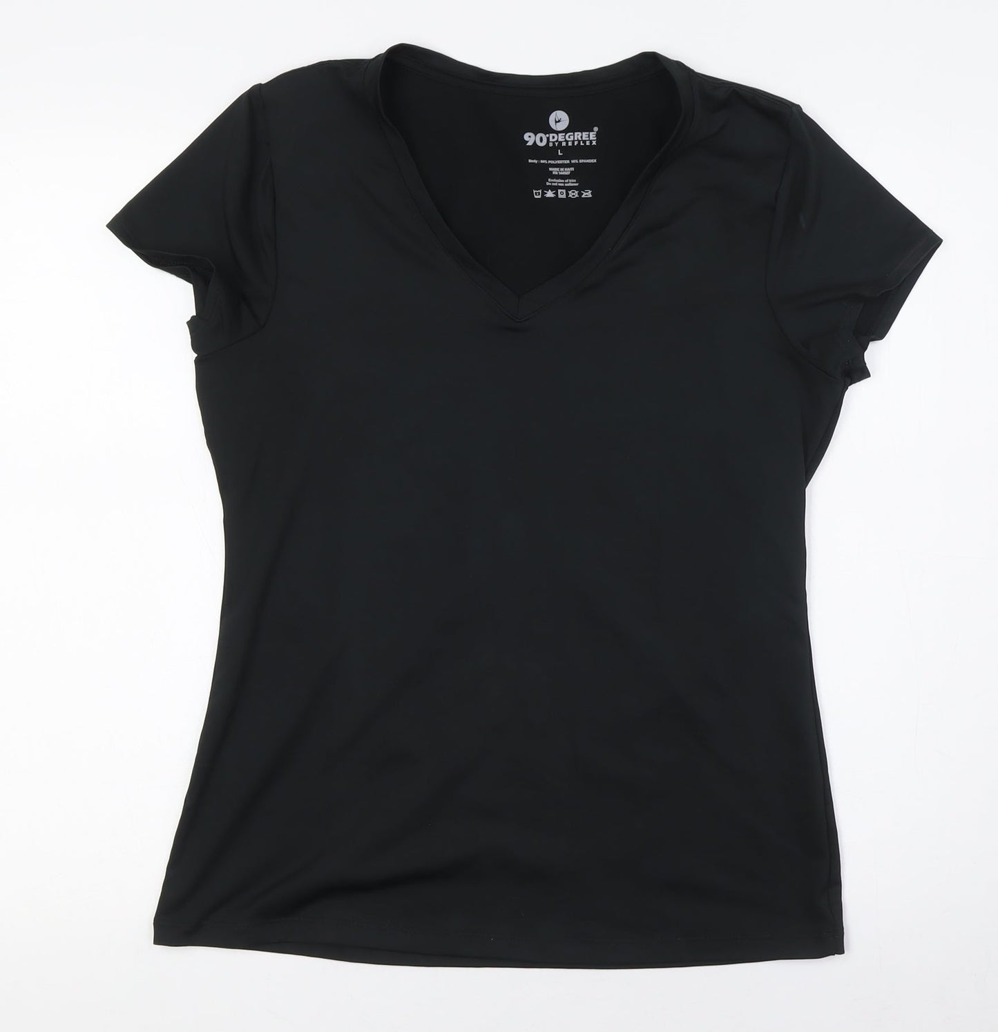 90 Degree Womens Black Polyester Basic T-Shirt Size L V-Neck