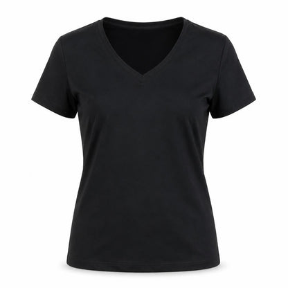 Front view of 90 Degree women’s black polyester basic t-shirt, size L, v-neck