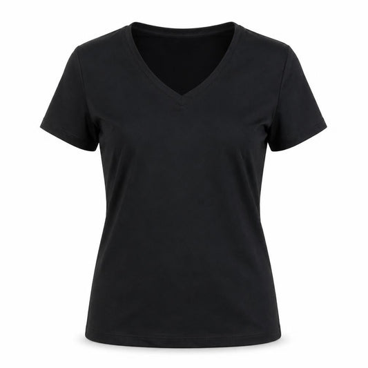 Front view of 90 Degree women’s black polyester basic t-shirt, size L, v-neck