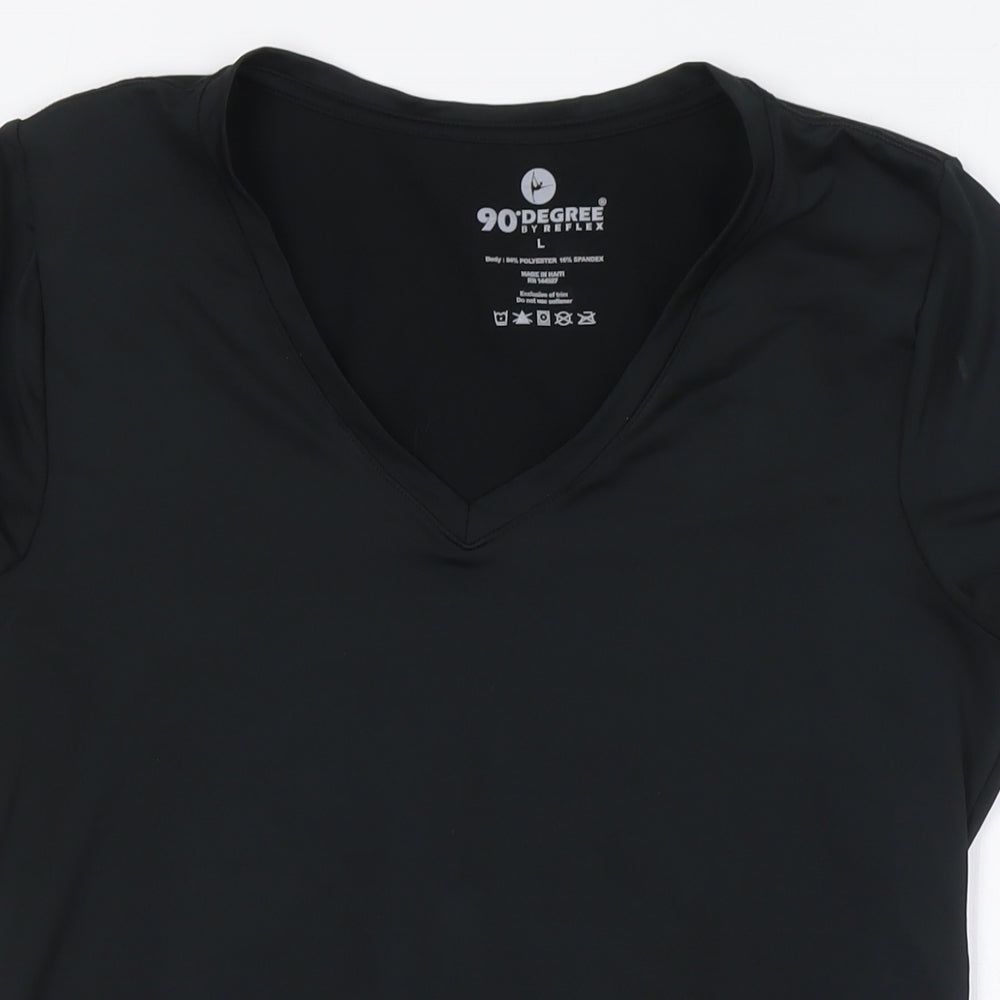 90 Degree Womens Black Polyester Basic T-Shirt Size L V-Neck