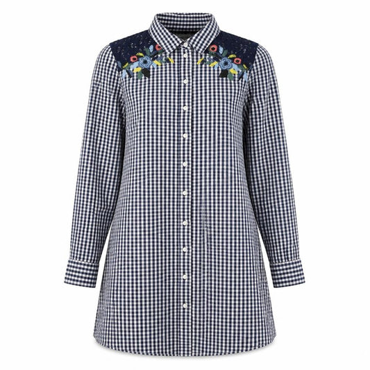 Front view of Red Herring women’s blue check cotton a-line, size UK 10, collared button - embellished shoulders