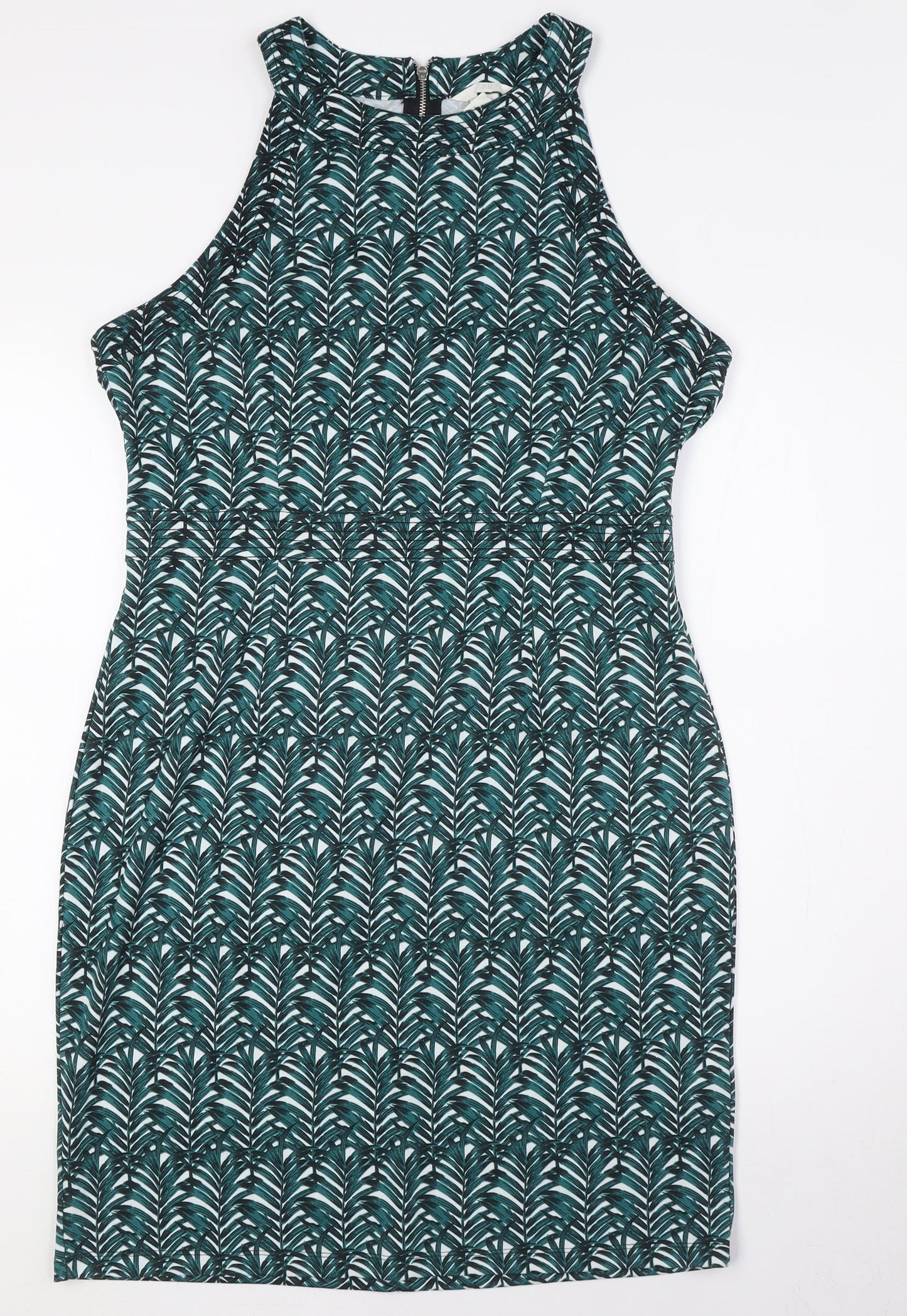 H&M Womens Green Polyester Pencil Dress Size L Round Neck Zip - Leaves