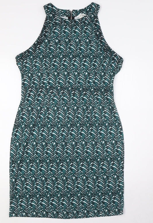 H&M Womens Green Polyester Pencil Dress Size L Round Neck Zip - Leaves