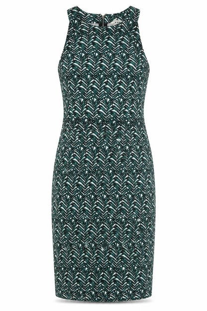 H&M Womens Green Polyester Pencil Dress Size L Round Neck Zip - Leaves
