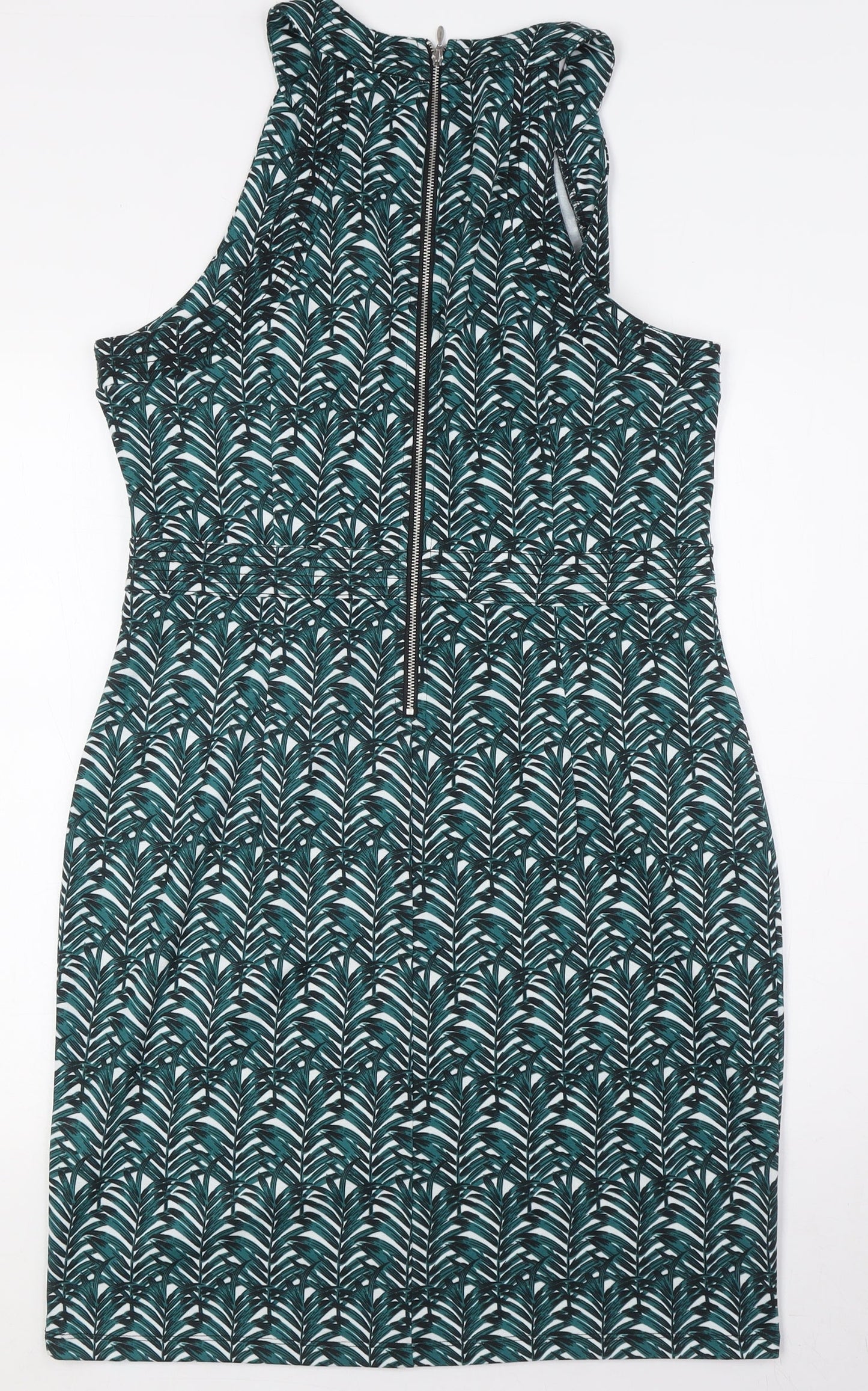 H&M Womens Green Polyester Pencil Dress Size L Round Neck Zip - Leaves