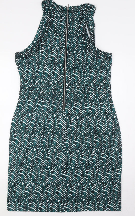 H&M Womens Green Polyester Pencil Dress Size L Round Neck Zip - Leaves