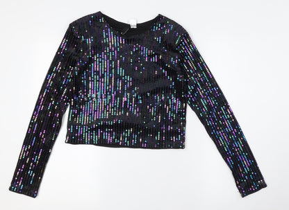 Divided by H&M Womens Black Polyester Basic Button-Up Size S Round Neck - Sequins