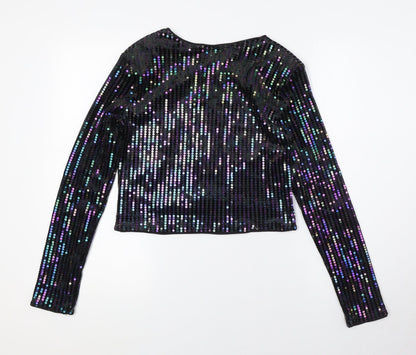 Divided by H&M Womens Black Polyester Basic Button-Up Size S Round Neck - Sequins