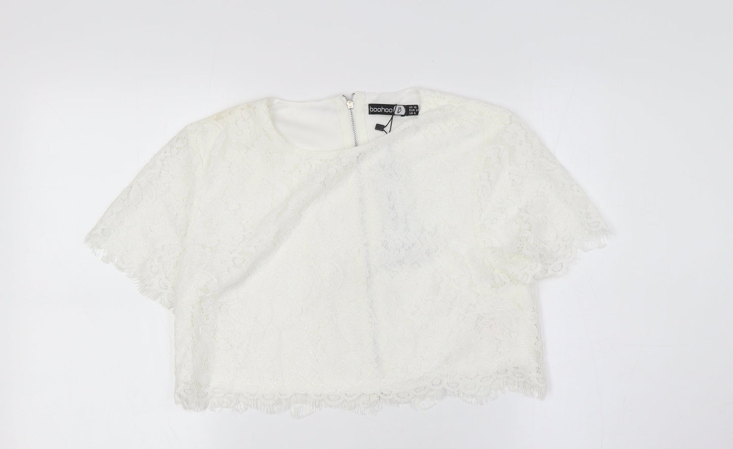 Boohoo Womens White Cotton Cropped Button-Up Size 10 Round Neck