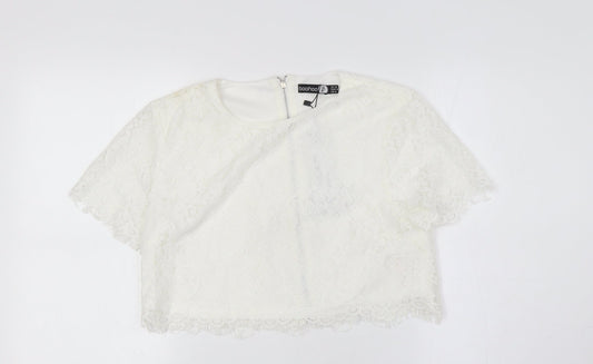 Boohoo Womens White Cotton Cropped Button-Up Size 10 Round Neck