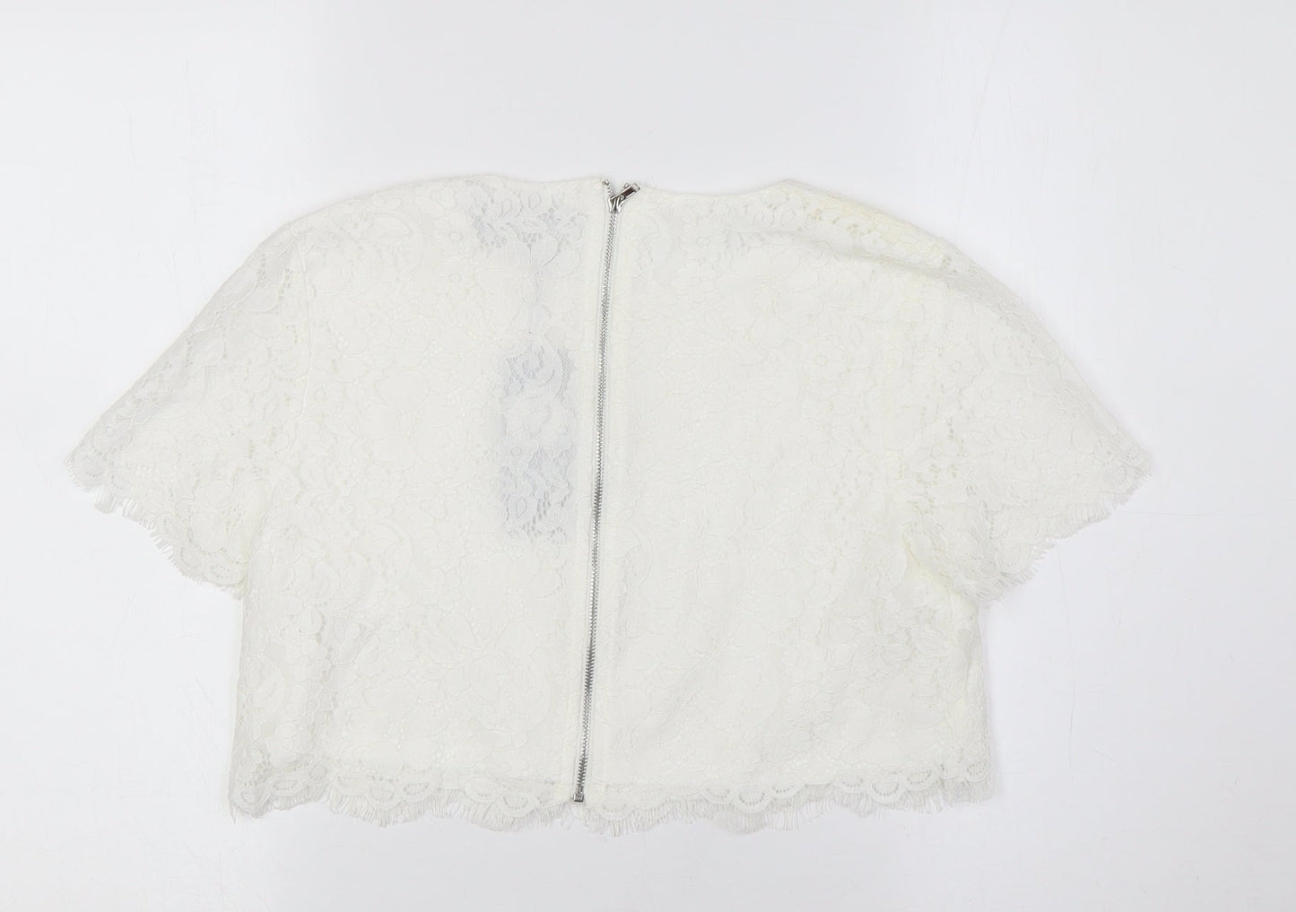 Boohoo Womens White Cotton Cropped Button-Up Size 10 Round Neck