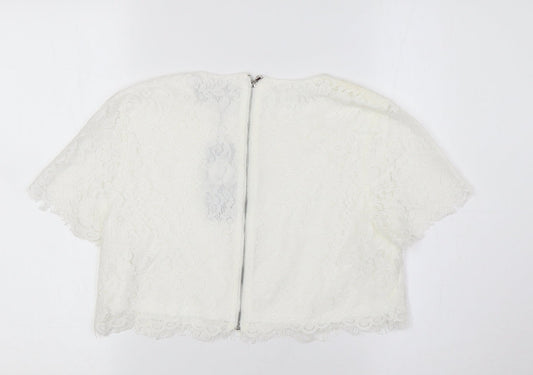 Boohoo Womens White Cotton Cropped Button-Up Size 10 Round Neck