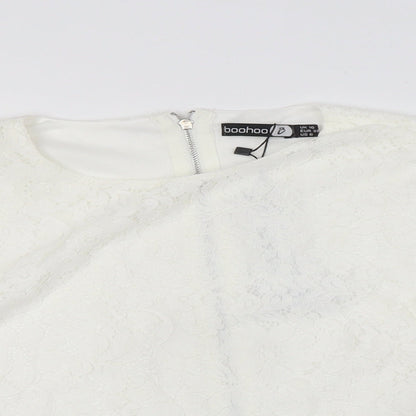 Boohoo Womens White Cotton Cropped Button-Up Size 10 Round Neck