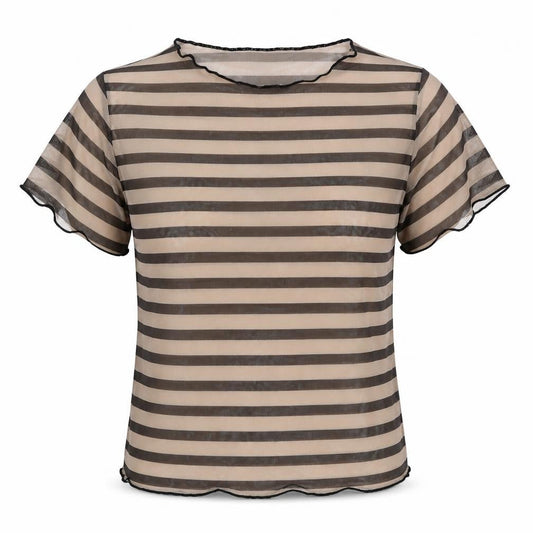 Front view of ASOS women’s brown striped polyester basic button-up, size UK 10, round neck - sheer