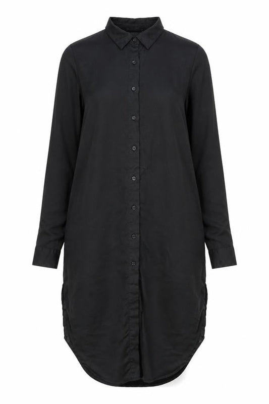 Front view of Missguided women’s black floral polyester shirt dress, size UK 10, collared button