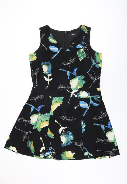 NEXT Womens Black Floral Polyester Skater Dress Size 16 V-Neck Zip
