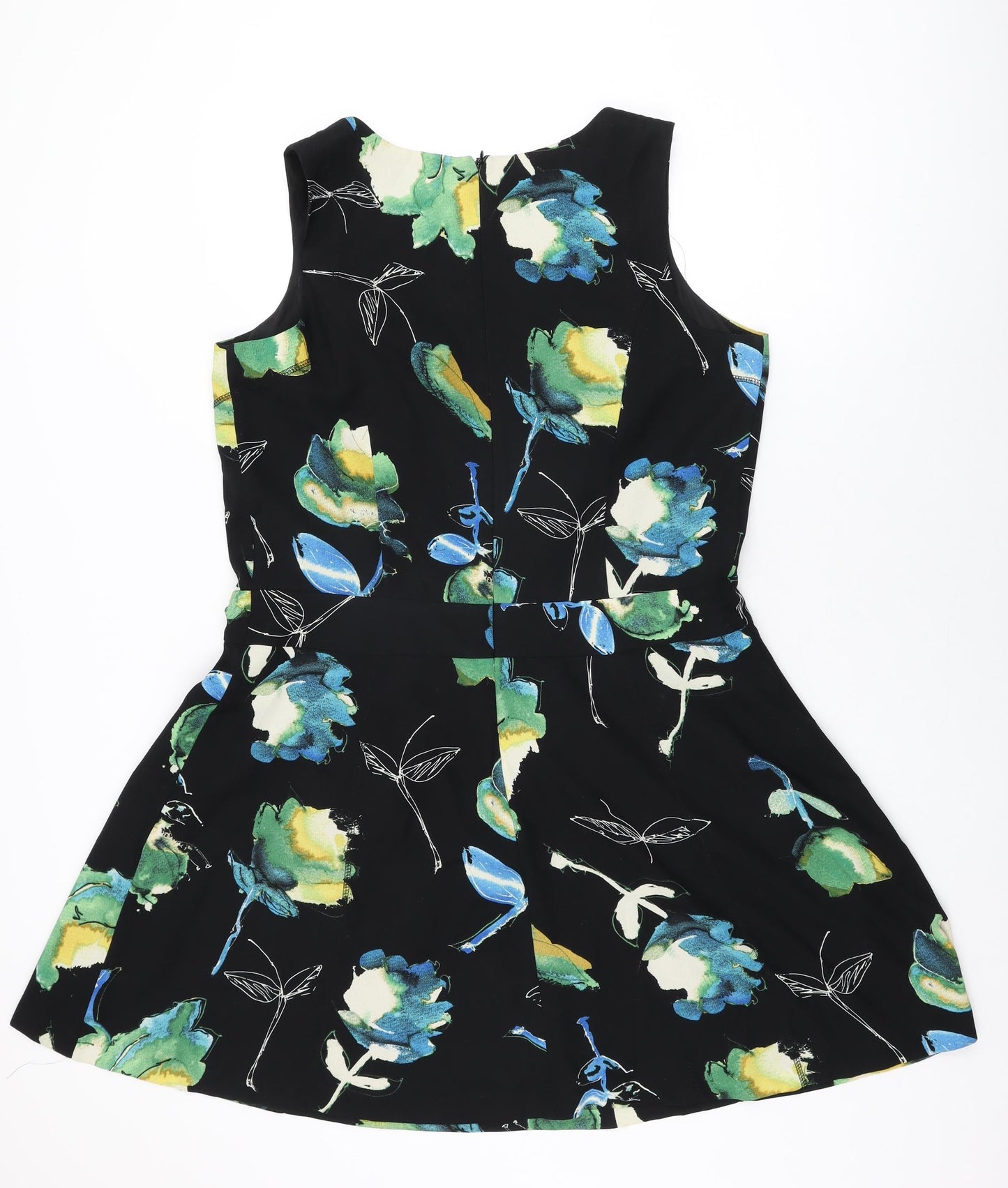 NEXT Womens Black Floral Polyester Skater Dress Size 16 V-Neck Zip