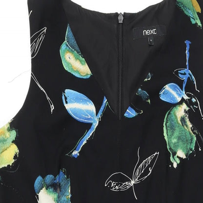NEXT Womens Black Floral Polyester Skater Dress Size 16 V-Neck Zip