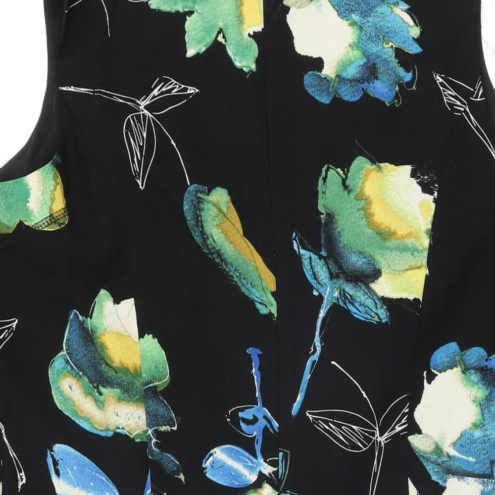 NEXT Womens Black Floral Polyester Skater Dress Size 16 V-Neck Zip