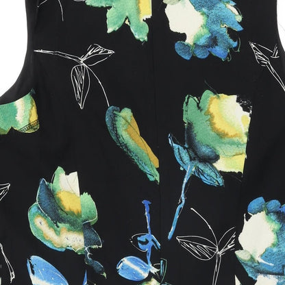 NEXT Womens Black Floral Polyester Skater Dress Size 16 V-Neck Zip