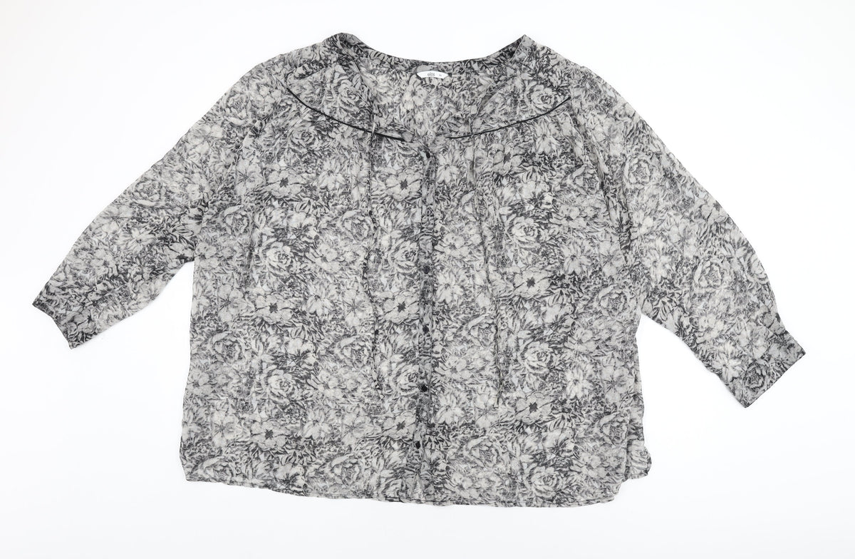 Ellos Womens Grey Floral Polyester Basic Button-Up Size 32 Round Neck