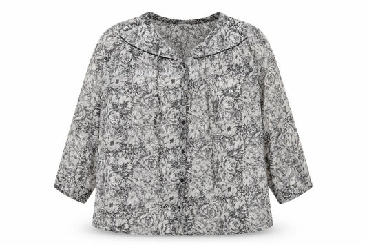 Ellos Womens Grey Floral Polyester Basic Button-Up Size 32 Round Neck