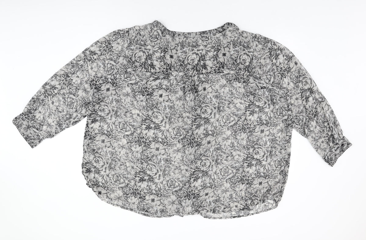Ellos Womens Grey Floral Polyester Basic Button-Up Size 32 Round Neck