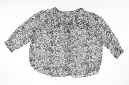 Ellos Womens Grey Floral Polyester Basic Button-Up Size 32 Round Neck