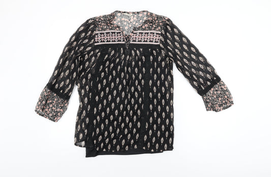 M&Co Womens Black Geometric Polyester Basic Blouse Size 10 Round Neck