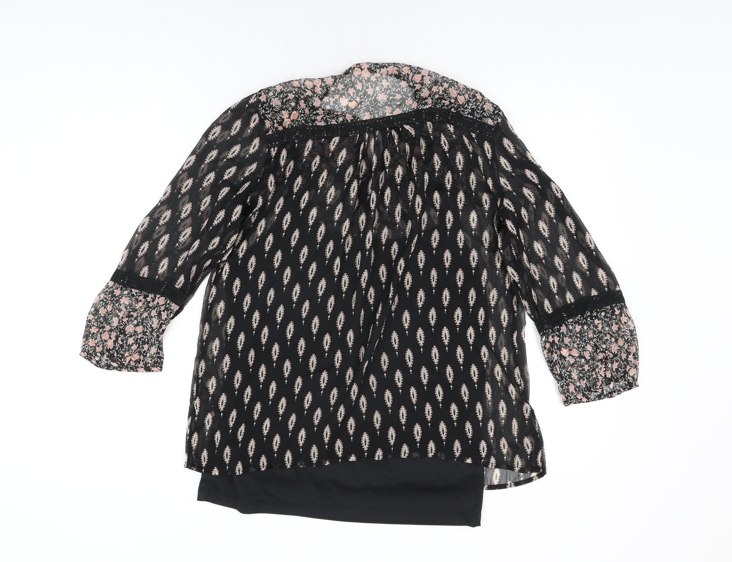 M&Co Womens Black Geometric Polyester Basic Blouse Size 10 Round Neck