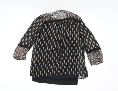 M&Co Womens Black Geometric Polyester Basic Blouse Size 10 Round Neck