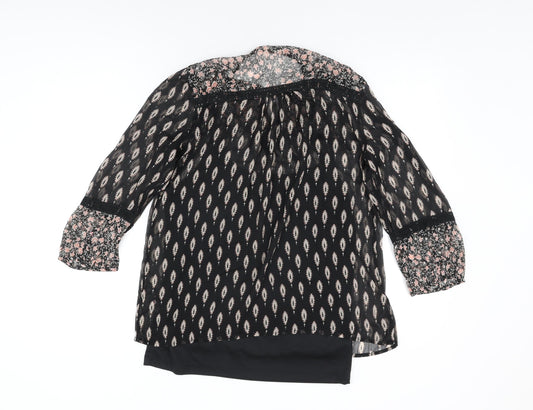 M&Co Womens Black Geometric Polyester Basic Blouse Size 10 Round Neck