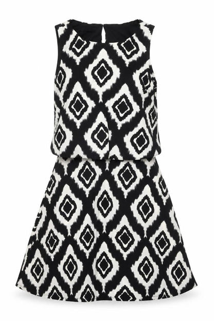 M&Co Womens White Geometric Polyester A-Line Size 10 Round Neck Button
