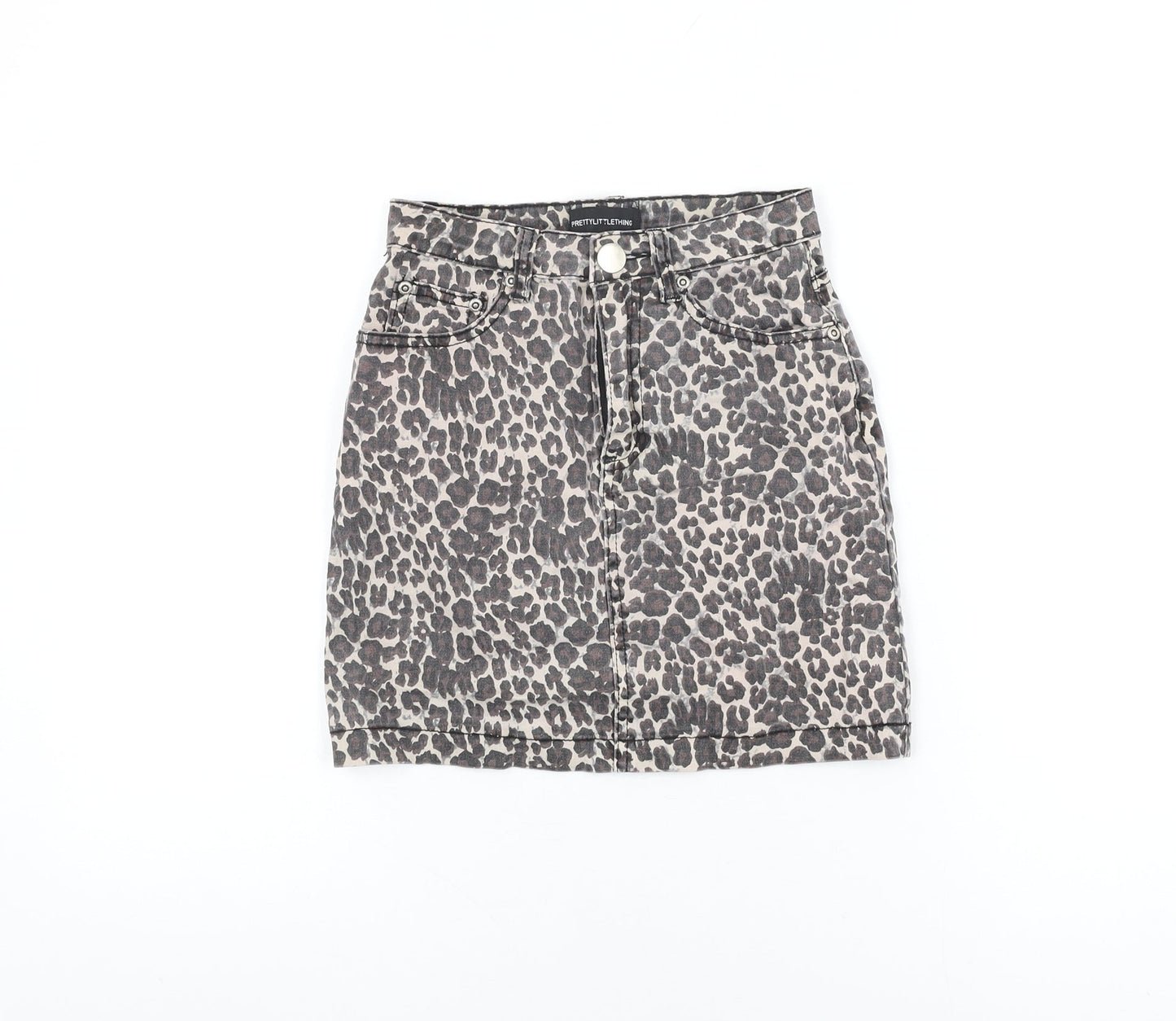 PRETTYLITTLETHING Womens Beige Animal Print Cotton Mini Skirt Size 6 Zip