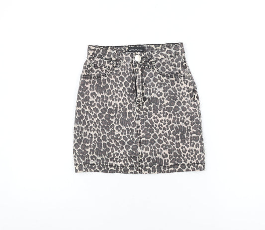 PRETTYLITTLETHING Womens Beige Animal Print Cotton Mini Skirt Size 6 Zip