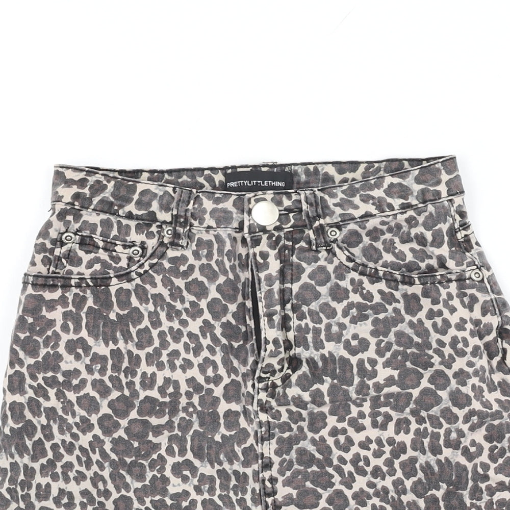 PRETTYLITTLETHING Womens Beige Animal Print Cotton Mini Skirt Size 6 Zip