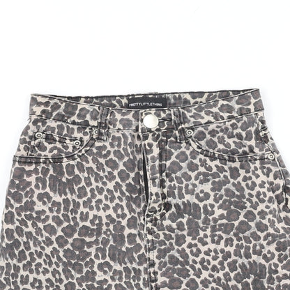 PRETTYLITTLETHING Womens Beige Animal Print Cotton Mini Skirt Size 6 Zip
