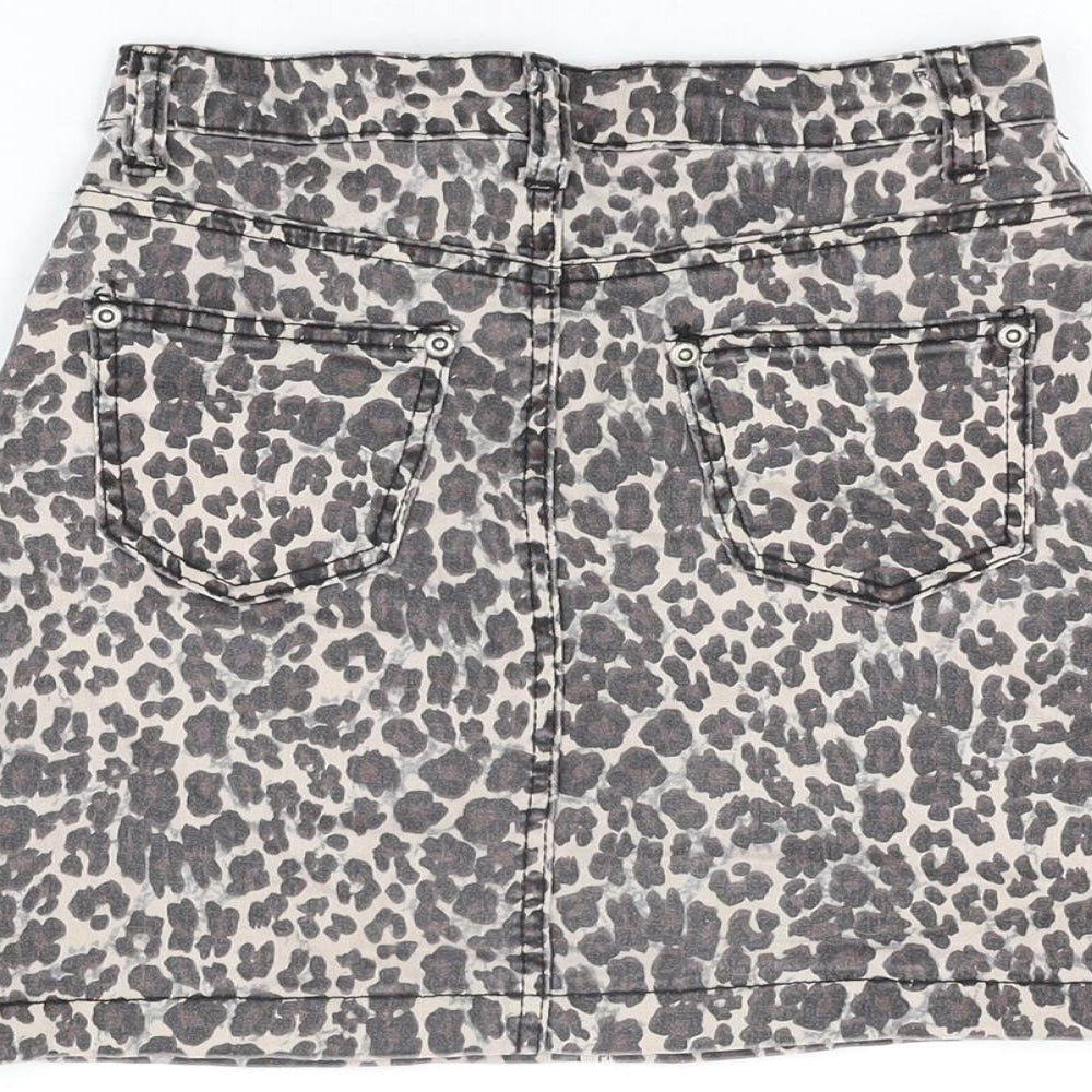 PRETTYLITTLETHING Womens Beige Animal Print Cotton Mini Skirt Size 6 Zip