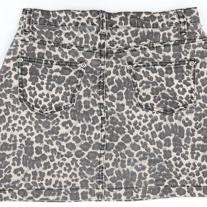 PRETTYLITTLETHING Womens Beige Animal Print Cotton Mini Skirt Size 6 Zip
