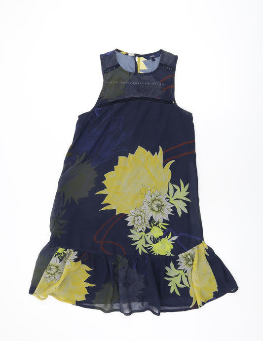 NEXT Womens Blue Floral Polyester Shift Size 6 Round Neck Button