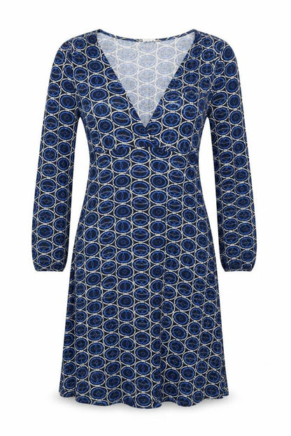 b.young Womens Blue Geometric Viscose A-Line Size L V-Neck Pullover