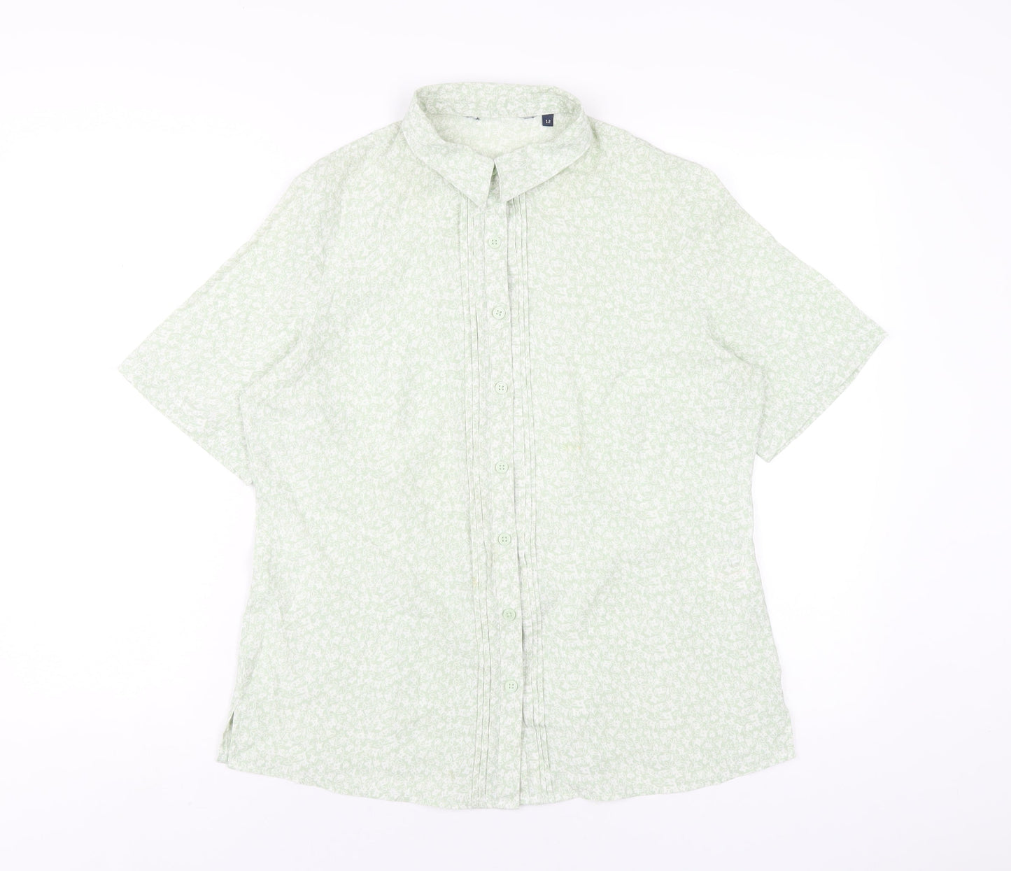 EWM Womens Green Floral Polyester Basic Button-Up Size 12 Collared