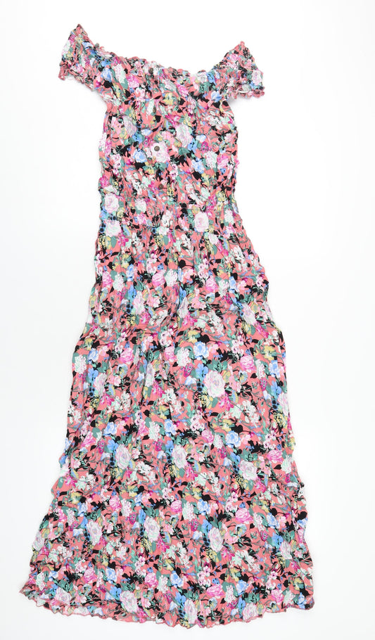 Boohoo Womens Pink Floral Viscose A-Line Size L Off the Shoulder Pullover