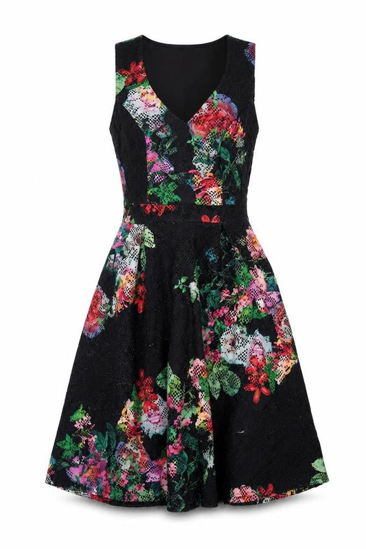 Front view of Red Herring women’s multicoloured floral polyester a-line, size UK 8, v-neck zip