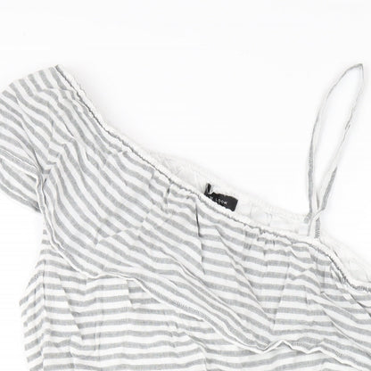 New Look Womens Grey Striped Cotton A-Line Size 14 One Shoulder Pullover