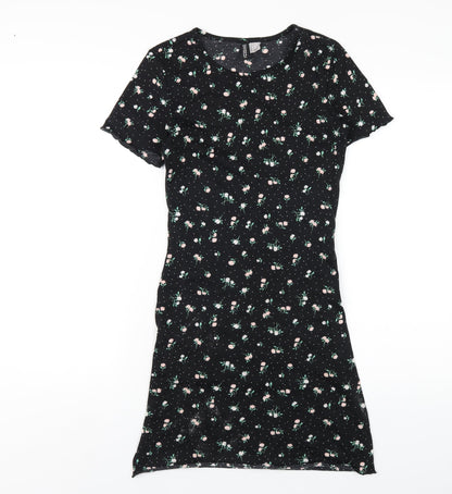 H&M Womens Black Floral Polyester Bodycon Size S Round Neck Pullover
