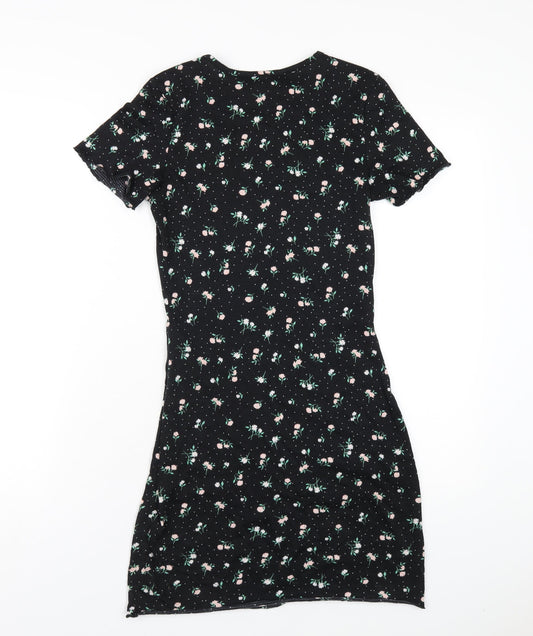 H&M Womens Black Floral Polyester Bodycon Size S Round Neck Pullover
